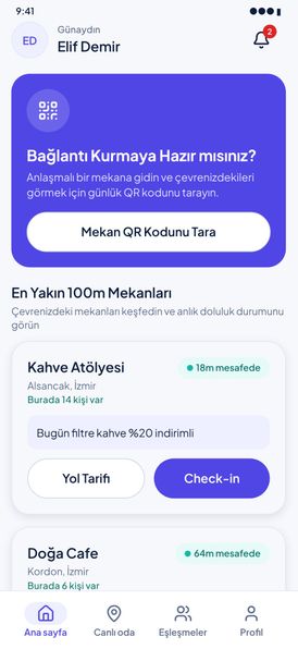 Ula ana ekranı: yakındaki mekanlar ve check-in durumu